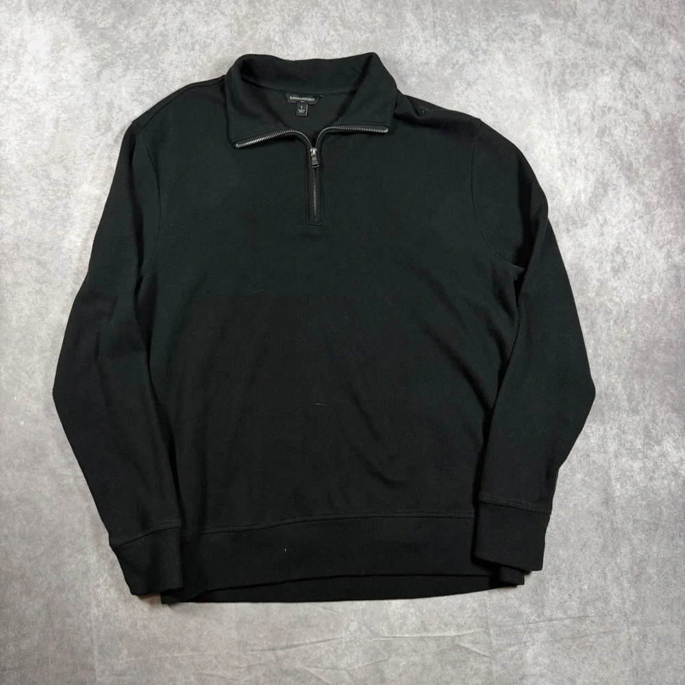 Banana Republic Mens Large Black Ribbed Quarter Zip Pullover Sweater Mock Neck